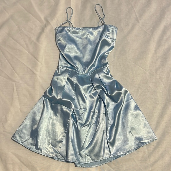 Lucy in the Sky Dresses & Skirts - Lucy in the Sky High Slit Tie Back Blue Satin Mini Dress